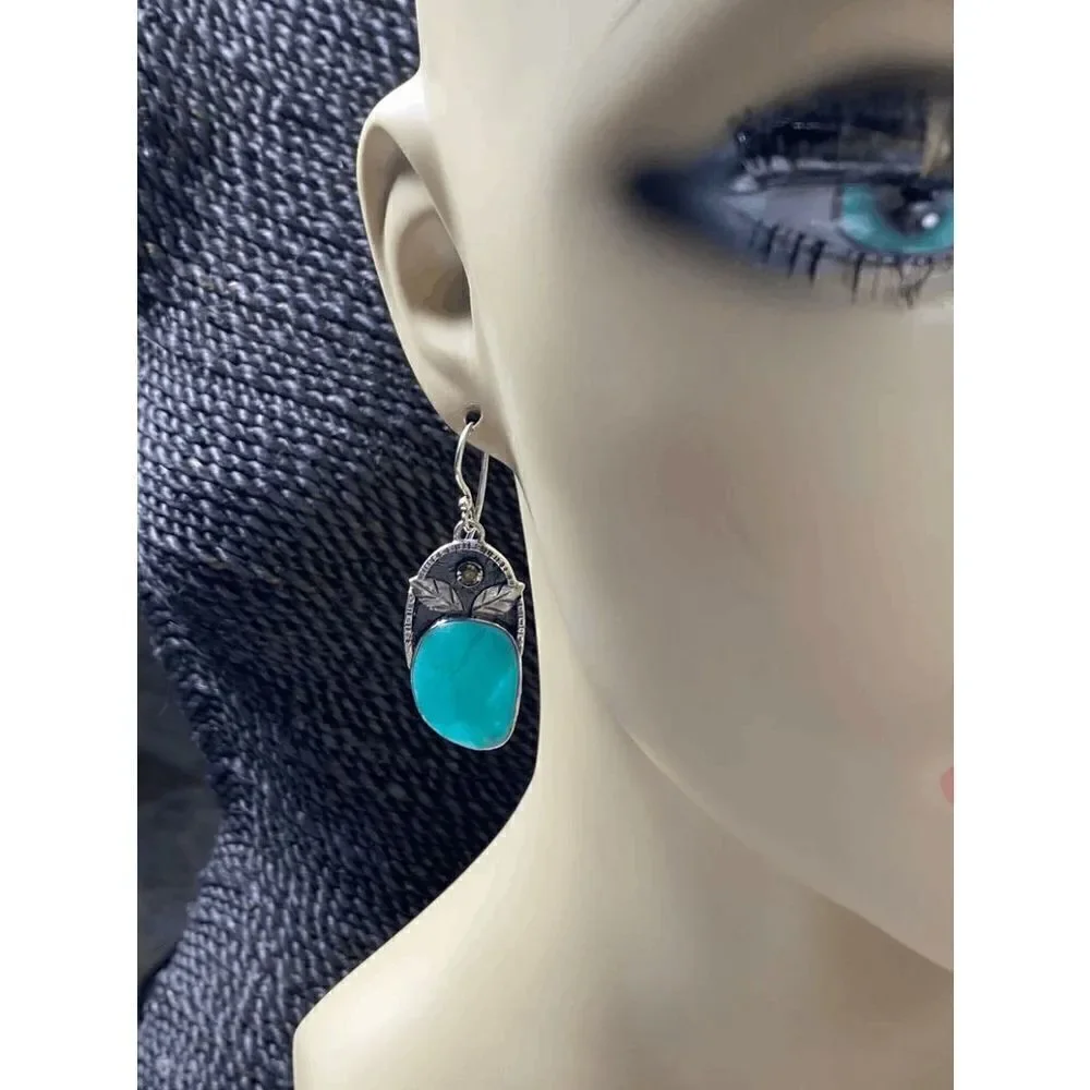 SILVER TURQUOISE RUBY LEAF WESTERN BOHO DANGLE EARRINGS